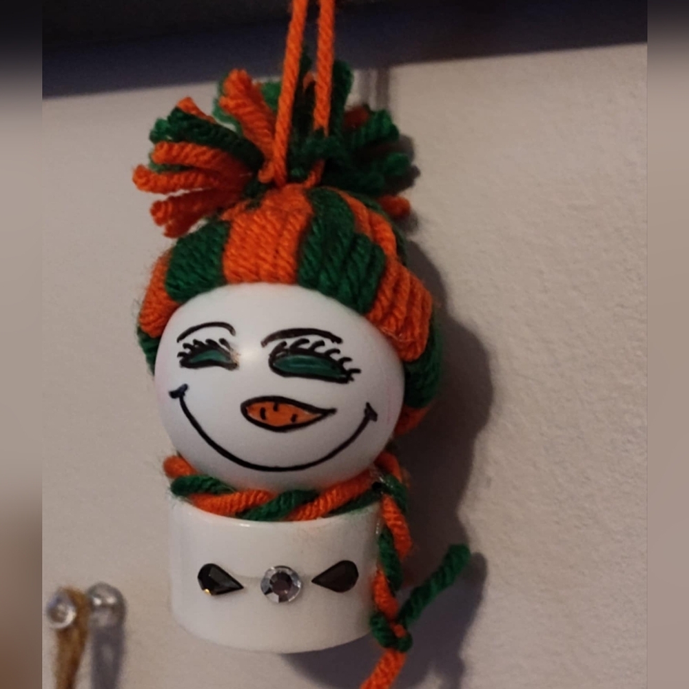 Festive Light up Snowman Christmas Ornament with Orange and Green Hat & Scarf